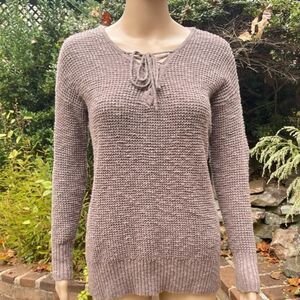 American Eagle Outfitters Sweater Womens Small Taupe Lace Up V Neck Waffle Knit